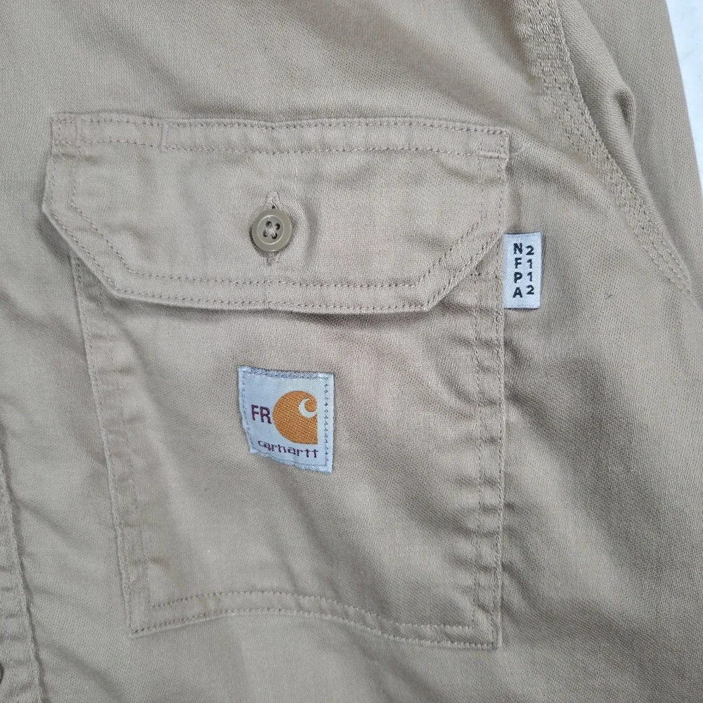 Carhartt FR Shirt Mens Large Khaki Tan Flame Resistant Work Long Sleeve FRS003